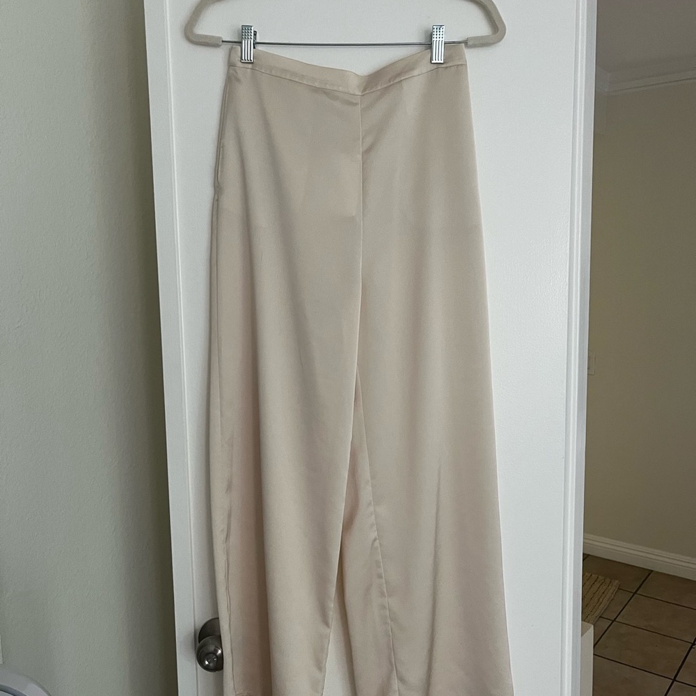 Elegant Satin Cream Wide-Leg Pants